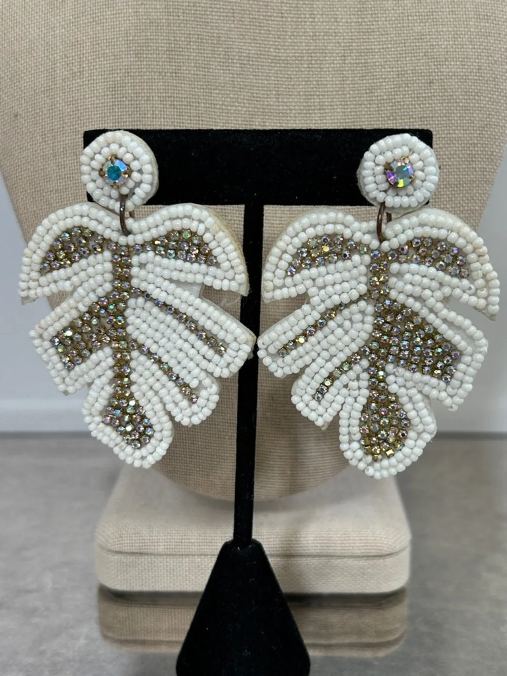 Beaded Monstera Leaf Statement Earrings - White and Gold